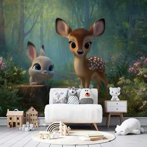 Woodland animal mural wallpaper creating magical atmosphere in children's bedroom