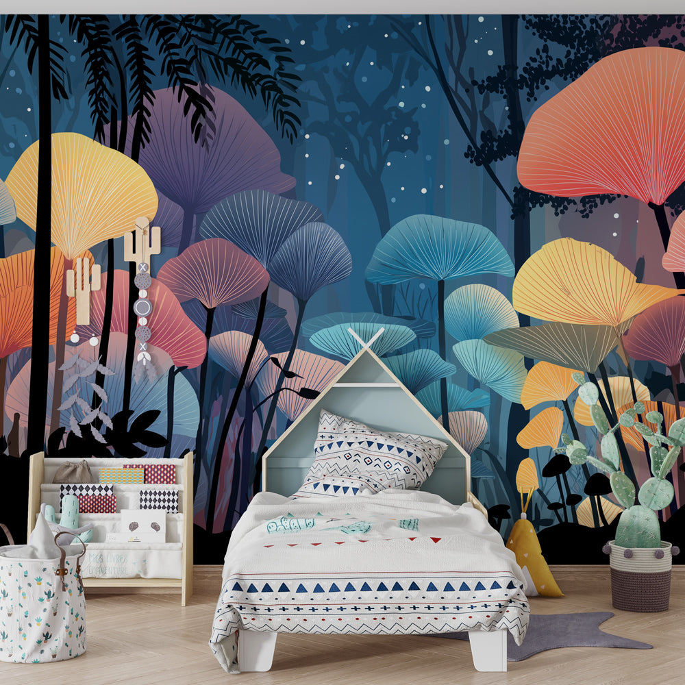 Fantasy mushroom forest wallpaper creating magical kids bedroom decor atmosphere