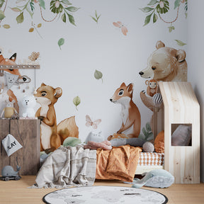 Forest animal mural wallpaper transforming children's bedroom into peaceful woodland sanctuary