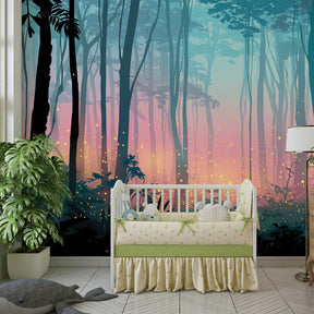 Magical forest wallpaper creating fairy tale atmosphere in children's bedroom decor