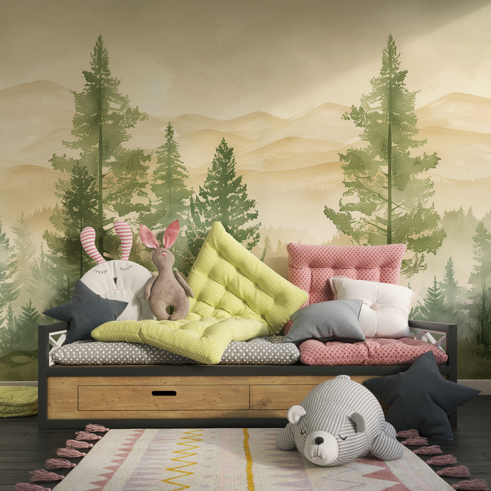 Misty mountain forest wallpaper creating serene children's bedroom decor