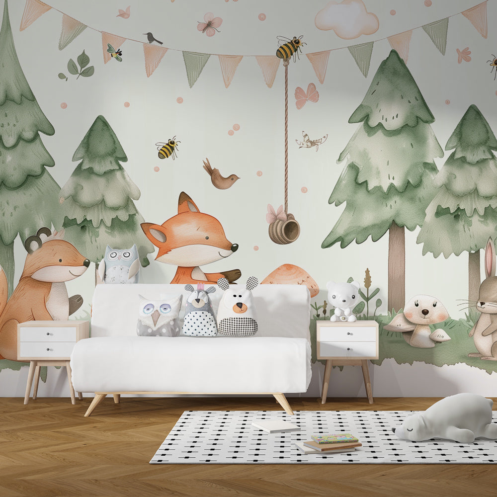 Woodland animals and mushrooms mural wallpaper transforming children's bedroom into forest sanctuary