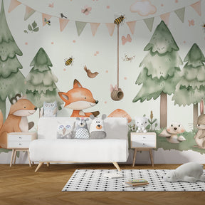 Woodland animals and mushrooms mural wallpaper transforming children's bedroom into forest sanctuary