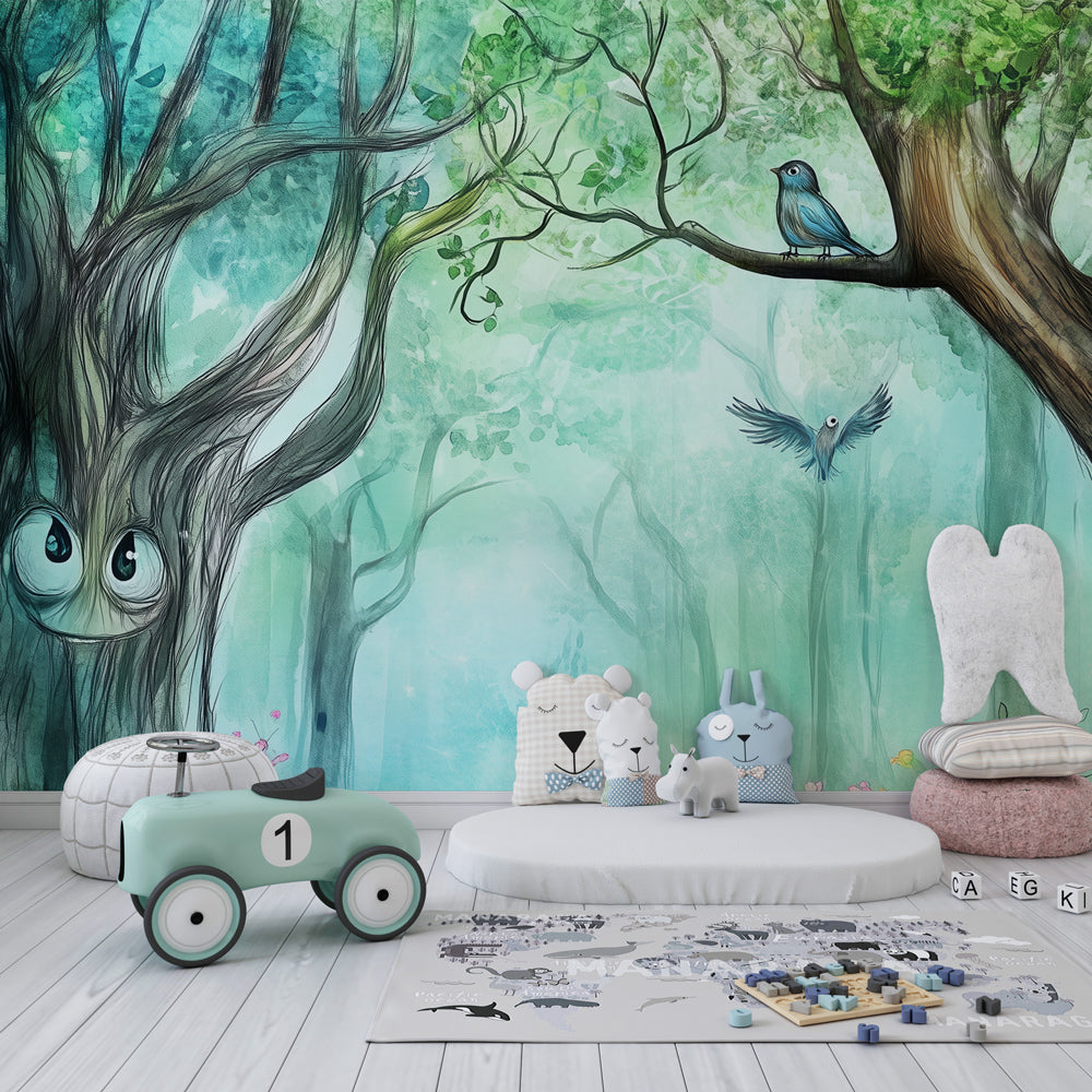 Forest themed wallpaper creating magical children's bedroom decor with playful birds