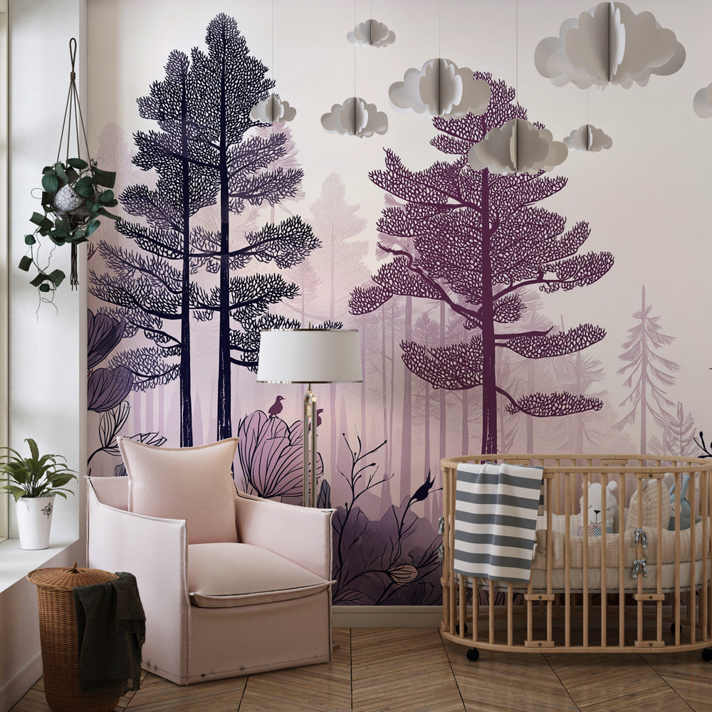 Magical woodland mural wallpaper creating peaceful children's bedroom decor with natural furniture