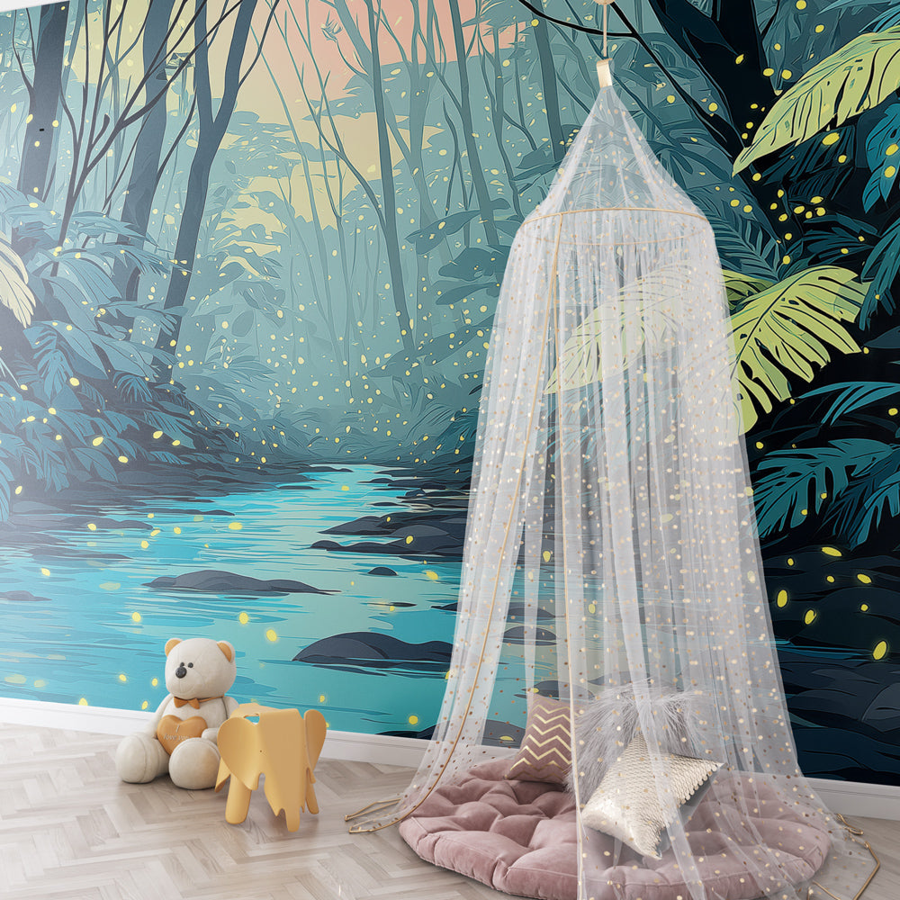 Forest wallpaper with sparkling stream transforming children's bedroom into natural sanctuary
