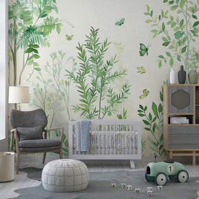 Forest themed mural wallpaper creating magical children's bedroom atmosphere with green trees