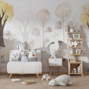 Pastel woodland wallpaper creating magical children's bedroom atmosphere with forest animals