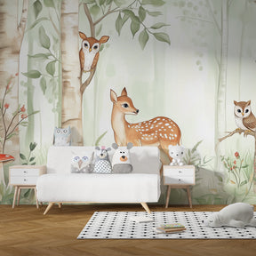 Woodland animals mural wallpaper creating magical forest atmosphere in children's bedroom