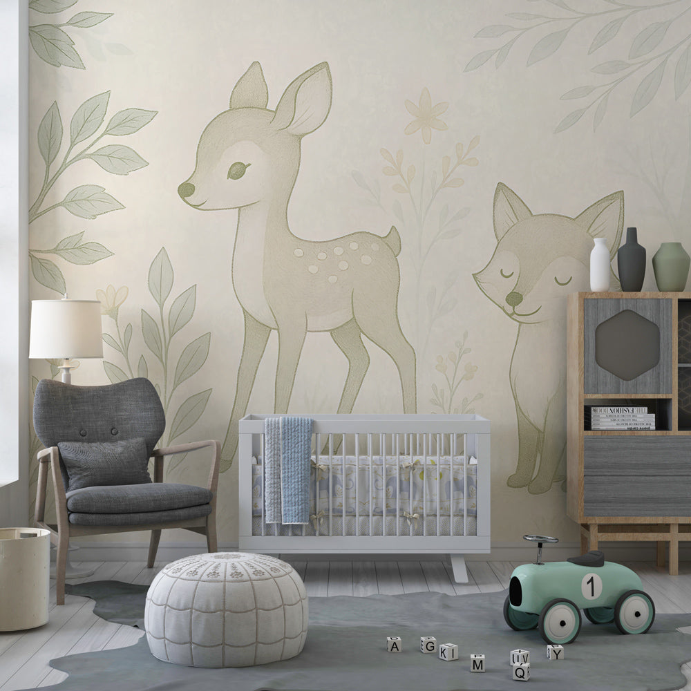 Woodland animal mural wallpaper transforming children's bedroom with deer owl fox design
