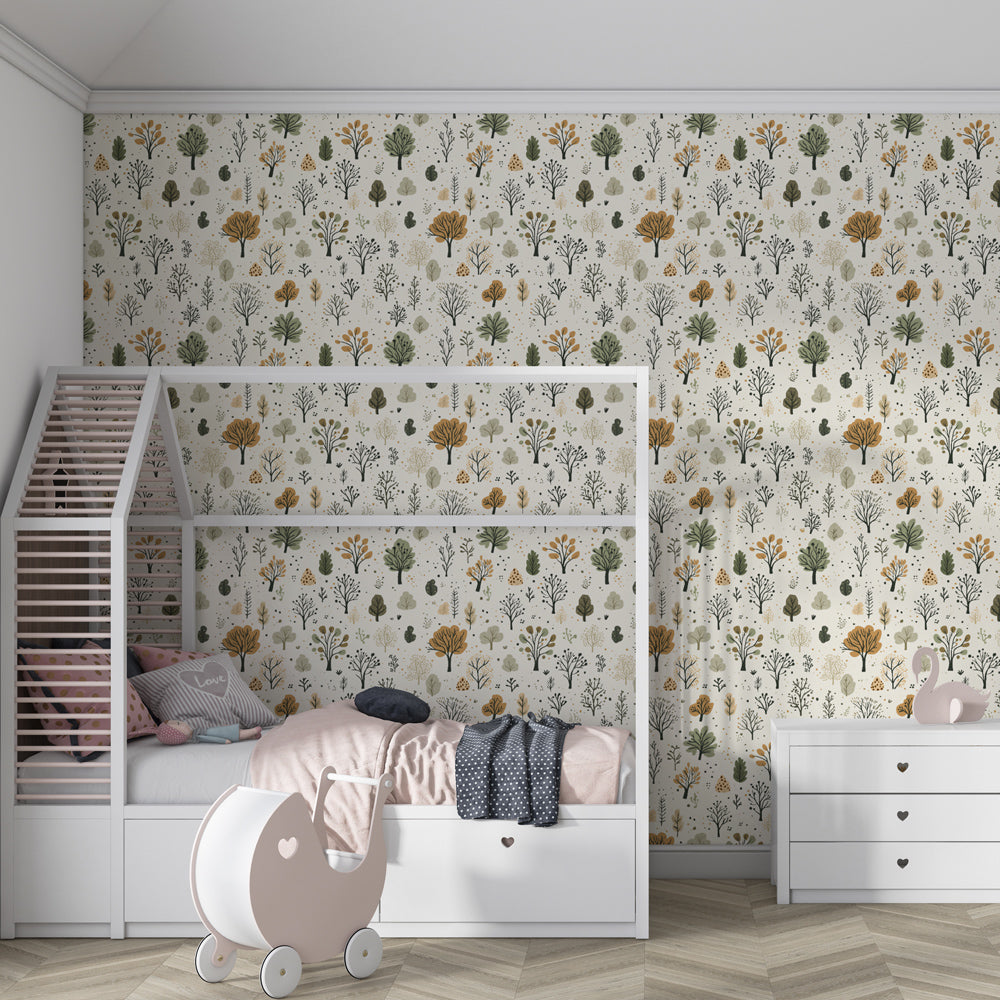 Magical tree wallpaper transforming children's bedroom into peaceful forest retreat