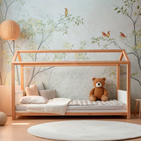 Delicate foliage and birds mural wallpaper in stylish kids room interior by Kids-Mundo