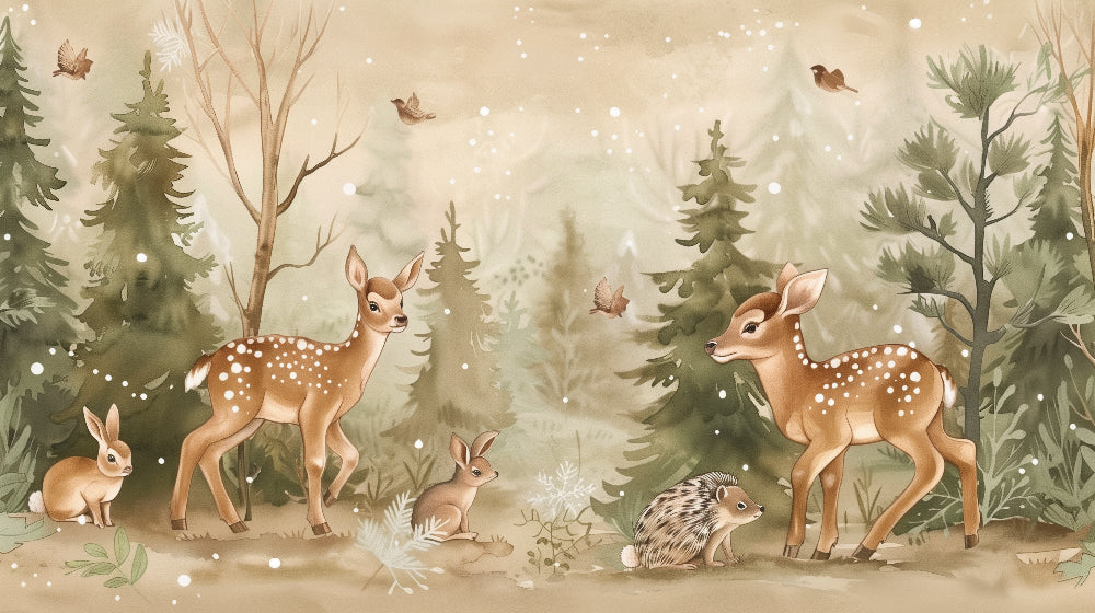 Detailed enchanted forest mural wallpaper design pattern with fauns and woodland creatures by Kids-Mundo