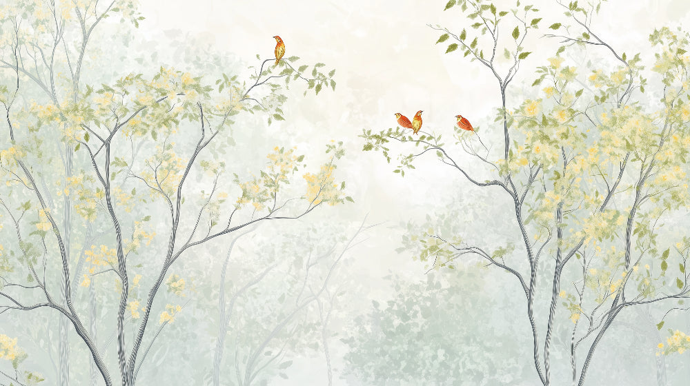 Detailed enchanted forest mural wallpaper design pattern with birds and foliage by Kids-Mundo