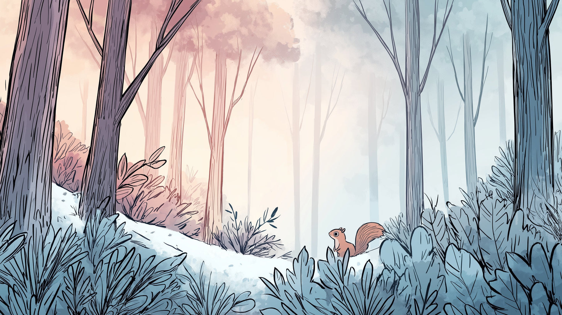 Detailed enchanted forest mural wallpaper design pattern with squirrel and trees by Kids-Mundo