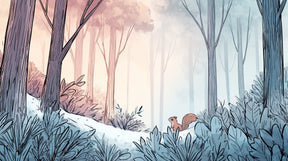 Detailed enchanted forest mural wallpaper design pattern with squirrel and trees by Kids-Mundo