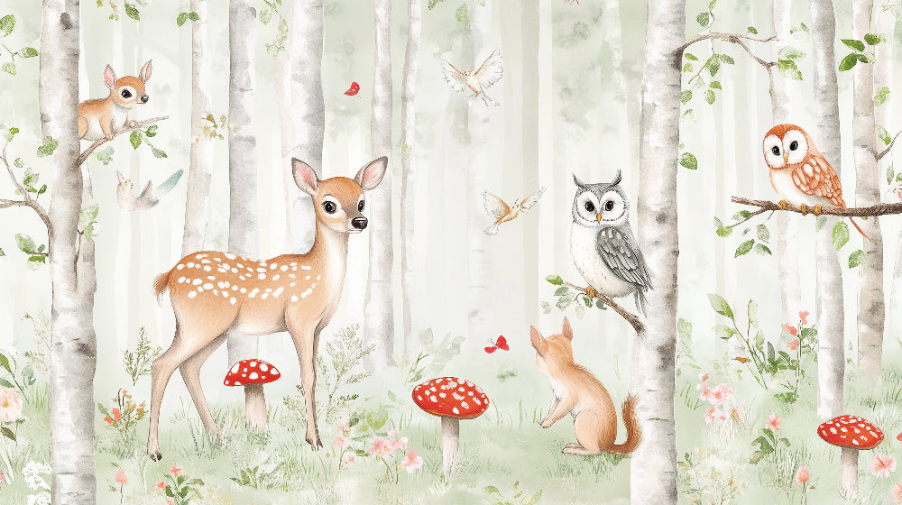 Detailed enchanted forest mural wallpaper design pattern with fawns and owls by Kids-Mundo