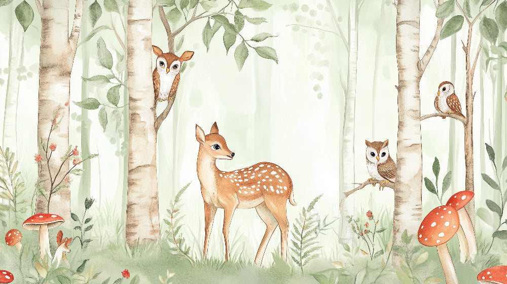 Detailed enchanted forest mural wallpaper design pattern with deer owls and trees by Kids-Mundo