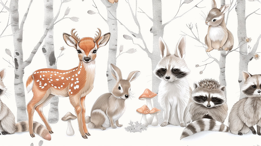 Detailed enchanted forest mural wallpaper design pattern with deer and raccoons by Kids-Mundo
