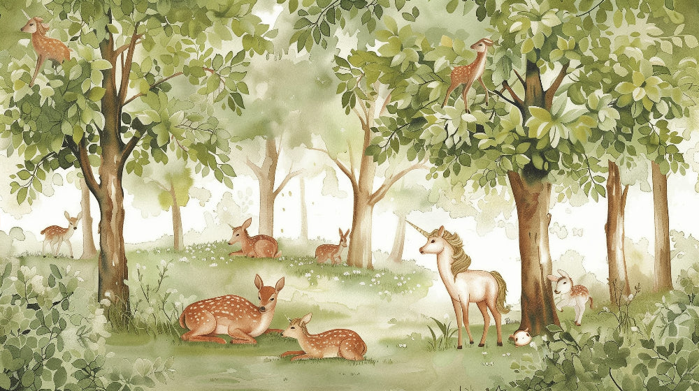 Detailed enchanted forest mural wallpaper design pattern with unicorn and fawn by Kids-Mundo