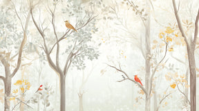 Detailed enchanted forest mural wallpaper design pattern with pastel birds and foliage by Kids-Mundo