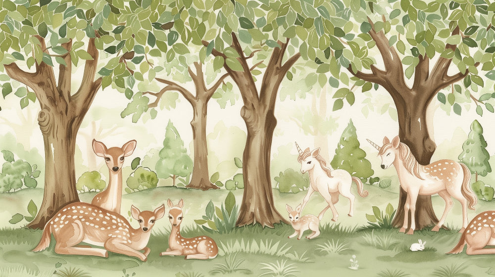 Detailed enchanted forest mural wallpaper design pattern with deer and unicorns by Kids-Mundo