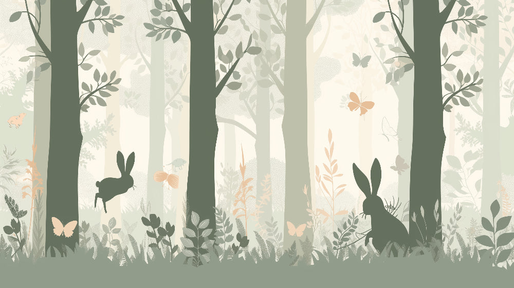Detailed enchanted forest mural wallpaper design pattern with rabbits and butterflies by Kids-Mundo