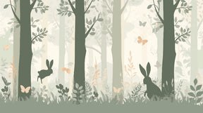 Detailed enchanted forest mural wallpaper design pattern with rabbits and butterflies by Kids-Mundo