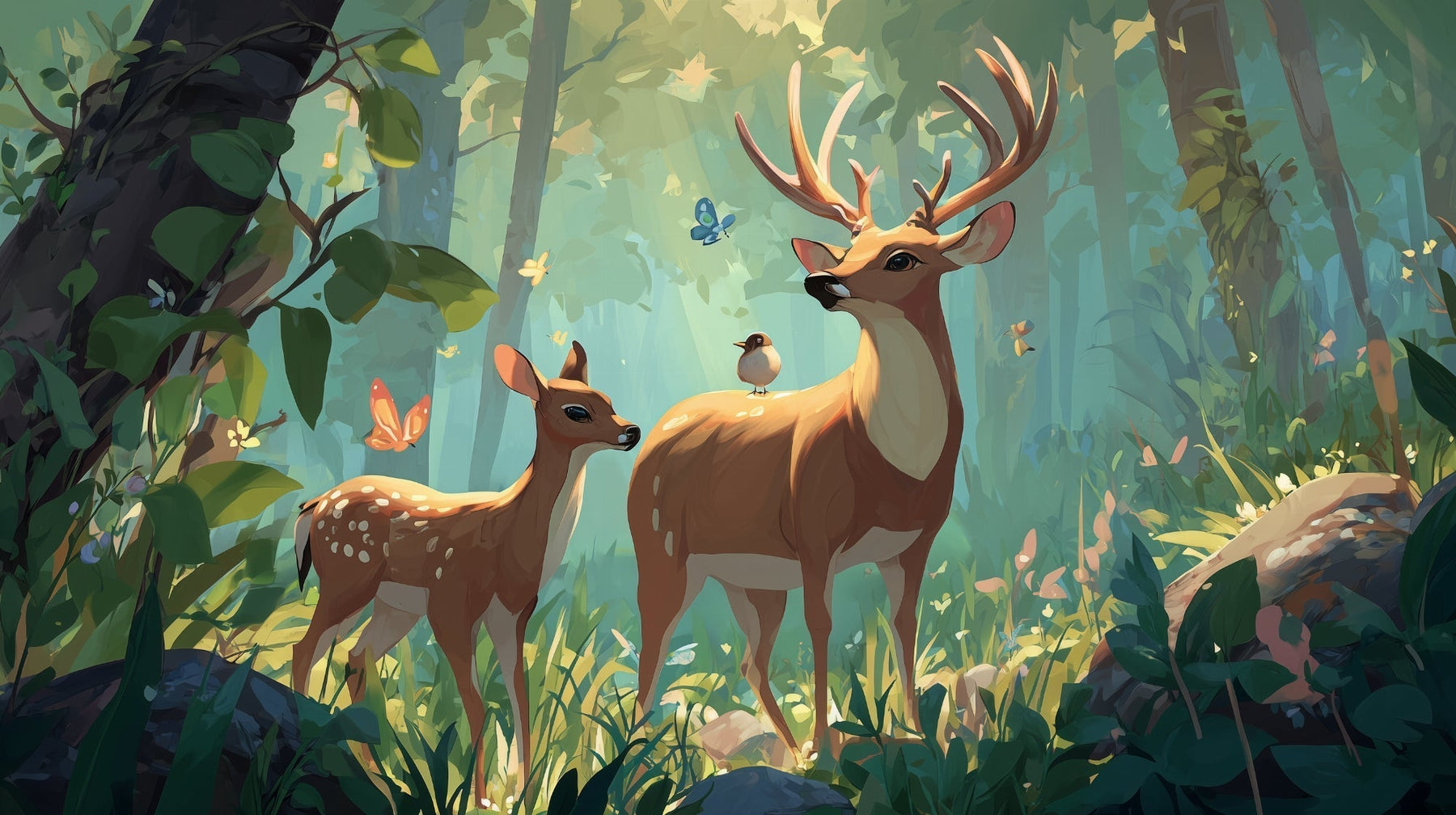 Detailed enchanted forest mural wallpaper design pattern with majestic deer by Kids-Mundo