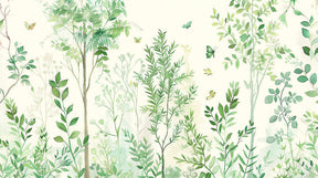 Detailed enchanted forest mural wallpaper design pattern with green butterflies and trees by Kids-Mundo