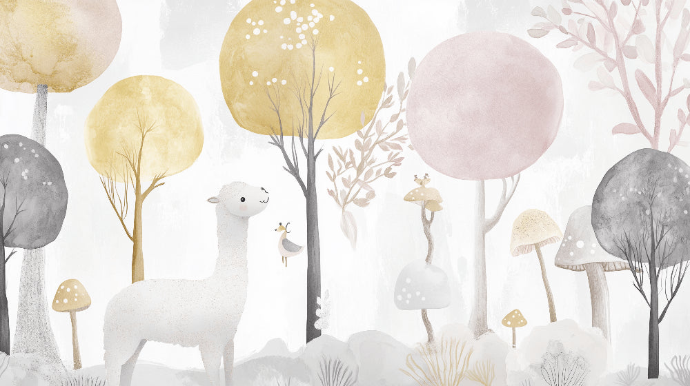 Detailed enchanted forest mural wallpaper design pattern with llamas and pastel mushrooms by Kids-Mundo