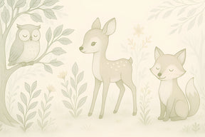 Detailed enchanted forest mural wallpaper design pattern with cute woodland animals by Kids-Mundo