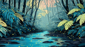 Detailed enchanted forest mural wallpaper design pattern with fireflies and stream by Kids-Mundo
