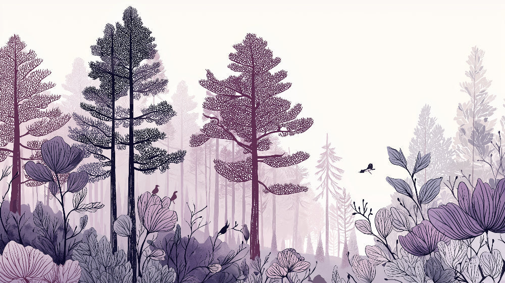 Detailed enchanted forest mural wallpaper design pattern with purple trees and flying birds by Kids-Mundo