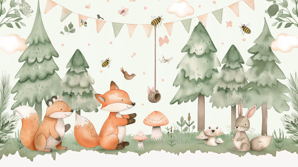 Detailed enchanted forest mural wallpaper design pattern with pastel animals and mushrooms by Kids-Mundo