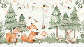 Detailed enchanted forest mural wallpaper design pattern with pastel animals and mushrooms by Kids-Mundo