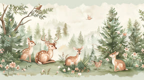 Detailed enchanted forest mural wallpaper design pattern showing fawns and delicate flowers by Kids-Mundo