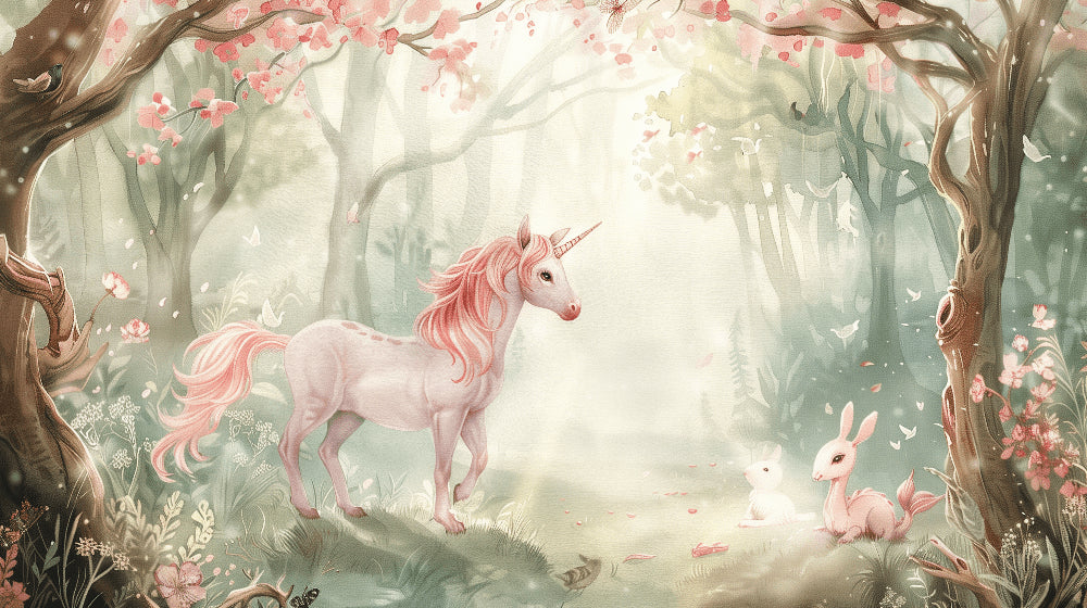 Detailed enchanted forest mural wallpaper design pattern with unicorns and rabbits by Kids-Mundo