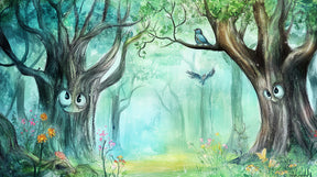Detailed enchanted forest mural wallpaper design pattern with smiling trees by Kids-Mundo