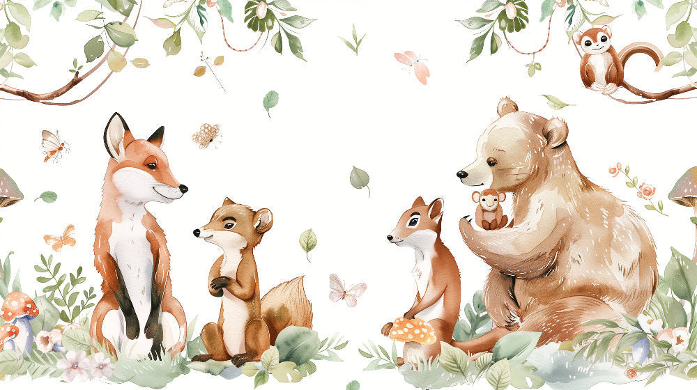 Detailed enchanted forest mural wallpaper design pattern with animals and butterflies by Kids-Mundo