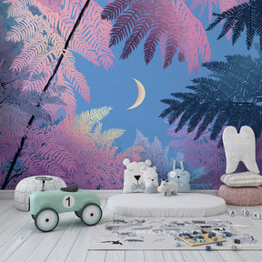 Fantasy forest mural wallpaper creating dreamy atmosphere in toddler room decor