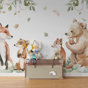Green forest themed mural wallpaper with butterflies for calming kids room atmosphere by Kids-Mundo