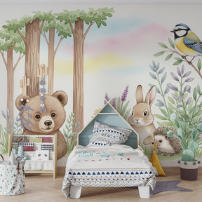 Cute animal forest wallpaper creating magical atmosphere in children's bedroom decor