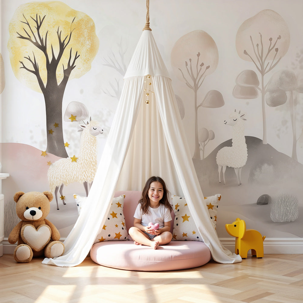 Enchanted forest mural wallpaper with llamas and mushrooms in cozy kids nursery by Kids-Mundo