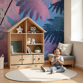 Enchanted forest mural wallpaper with pink ferns creating magical moonlit nursery by Kids-Mundo