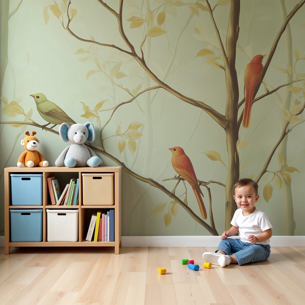 Enchanted forest mural wallpaper with colorful birds in modern nursery by Kids-Mundo