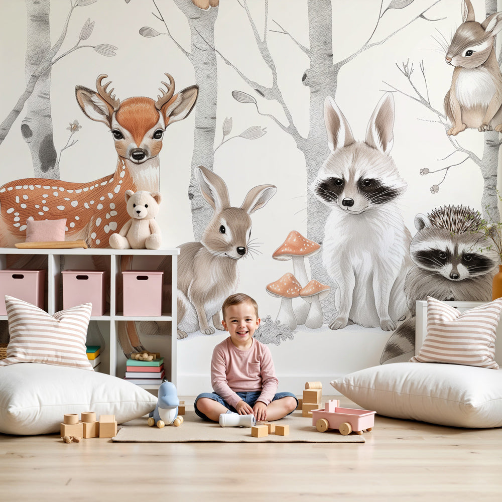 Enchanted forest mural wallpaper with deer and raccoons in modern nursery by Kids-Mundo