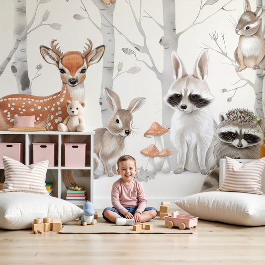 Enchanted forest mural wallpaper with deer and raccoons in modern nursery by Kids-Mundo