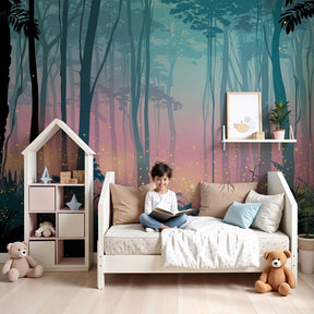 Enchanted forest mural wallpaper with twinkling lights in cozy kids nursery by Kids-Mundo