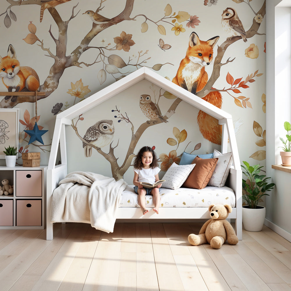 Enchanted forest mural wallpaper with foxes and owls in modern kids nursery by Kids-Mundo